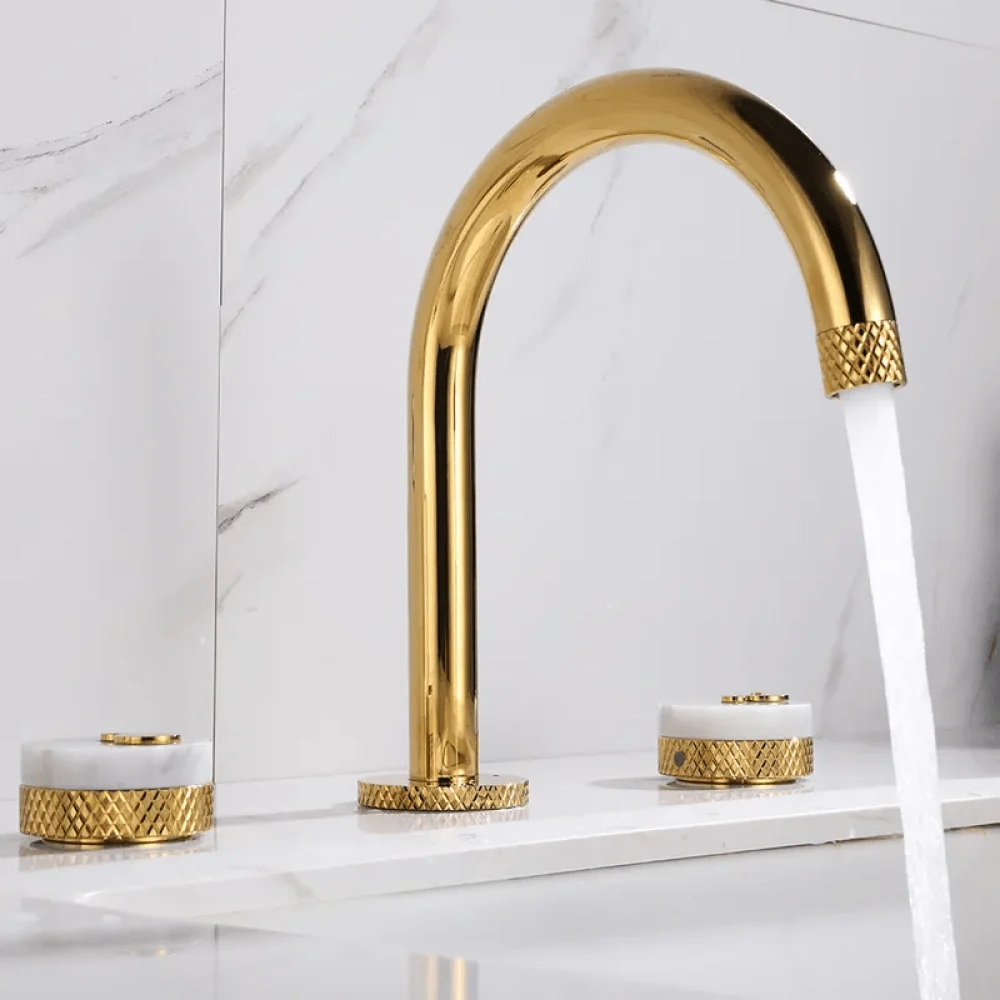 Gold Aerated Spout Widespread Bathroom Tap - Solid Brass Sink -Bathlova