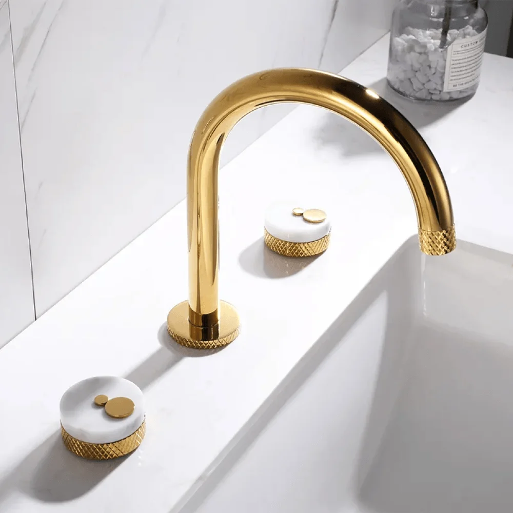 Gold Aerated Spout Widespread Bathroom Tap - Solid Brass Sink -Bathlova