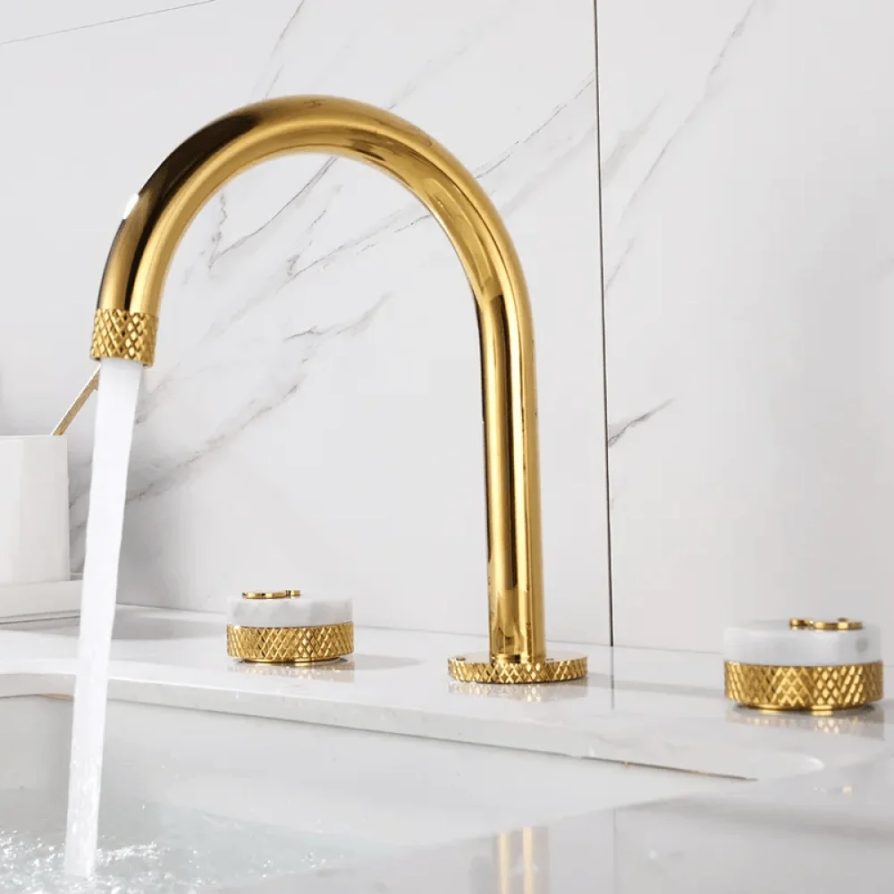 Gold Aerated Spout Widespread Bathroom Tap - Solid Brass Sink -Bathlova