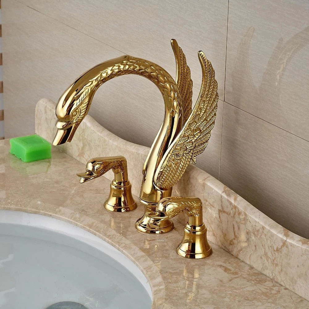 Golden Swan Shape Basin Tap Dual Handle Deck Mount Bathroom Tap Solid Copper Golden Finish -Bathlova