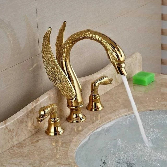 Golden Swan Shape Basin Tap Dual Handle Deck Mount Bathroom Tap Solid Copper Golden Finish -Bathlova