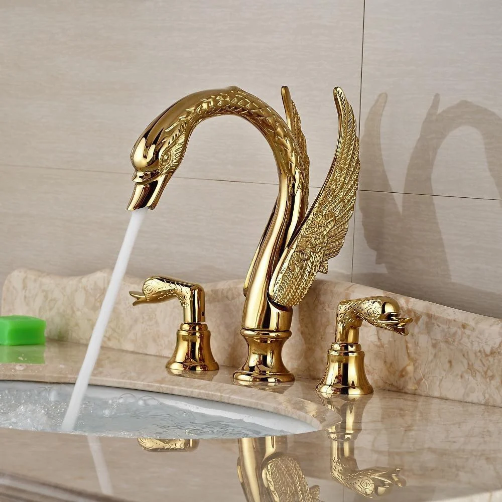 Golden Swan Shape Basin Tap Dual Handle Deck Mount Bathroom Tap Solid Copper Golden Finish -Bathlova