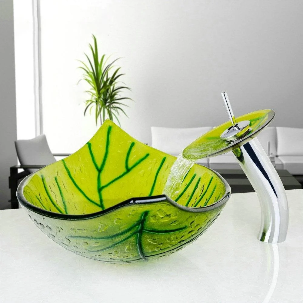 Green Leaf Washbasin Glass Basin Sink Tap With Glass Basin Set -Bathlova