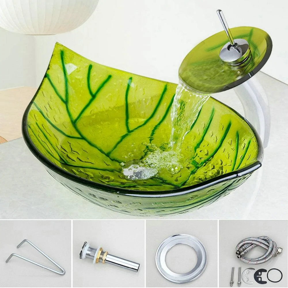 Green Leaf Washbasin Glass Basin Sink Tap With Glass Basin Set -Bathlova