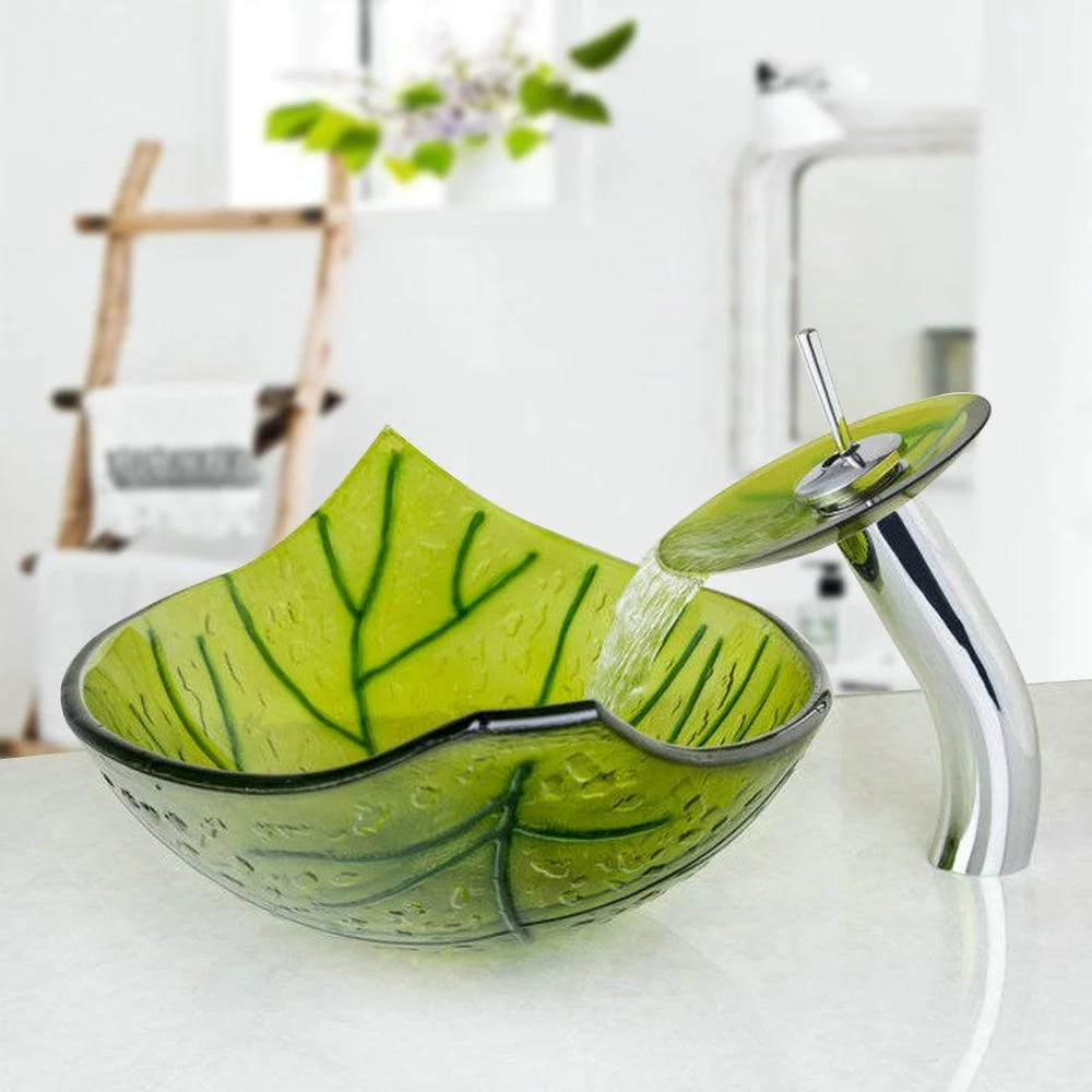 Green Leaf Washbasin Glass Basin Sink Tap With Glass Basin Set -Bathlova