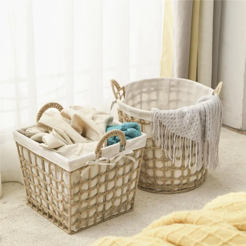 Hemp Tied Wire Basket with Linen Lining -Bathlova