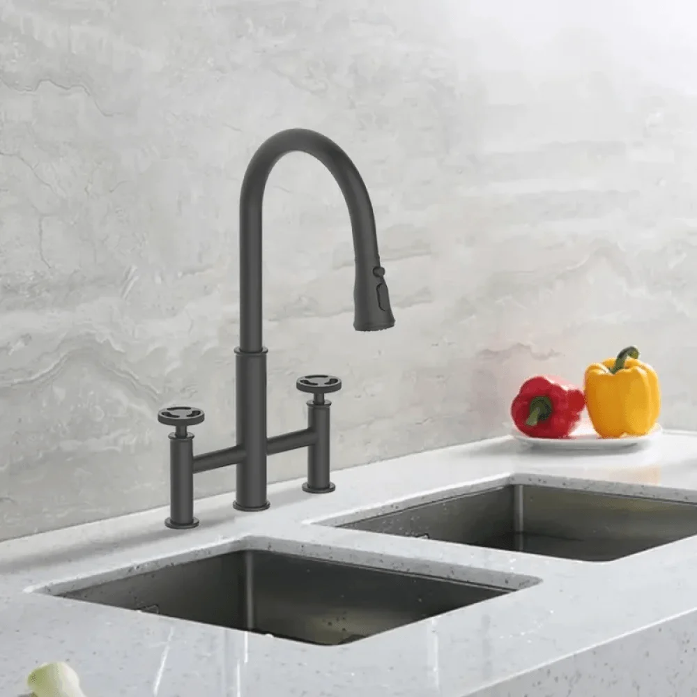 High Arc Widespread Kitchen Tap - Solid Brass in Black -Bathlova