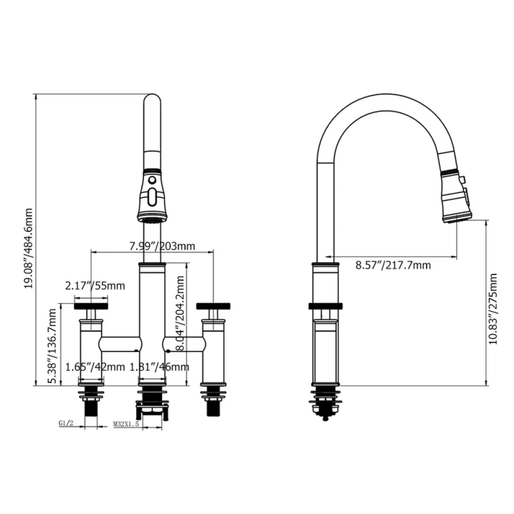 High Arc Widespread Kitchen Tap - Solid Brass in Black -Bathlova