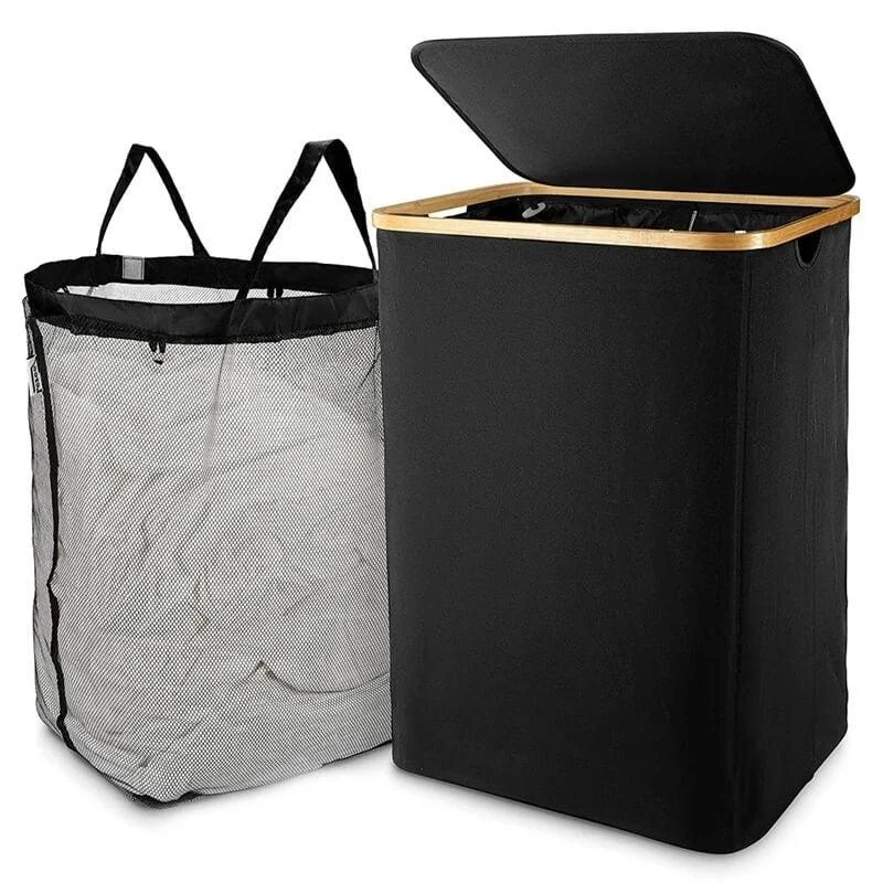 High Black Laundry Bag with Lid & Removable Lining -Bathlova