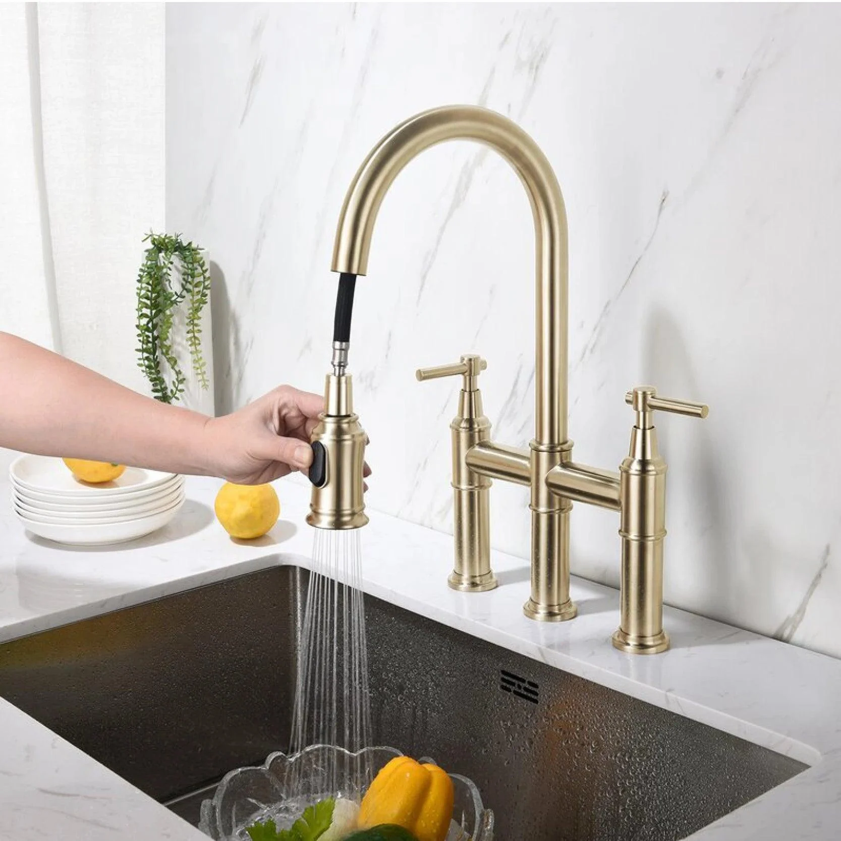 Kitchen Tap Double Handle Pull-out Design Three-function Tap -Bathlova