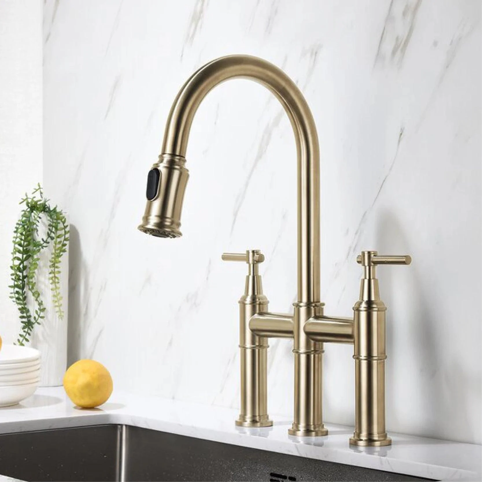 Kitchen Tap Double Handle Pull-out Design Three-function Tap -Bathlova