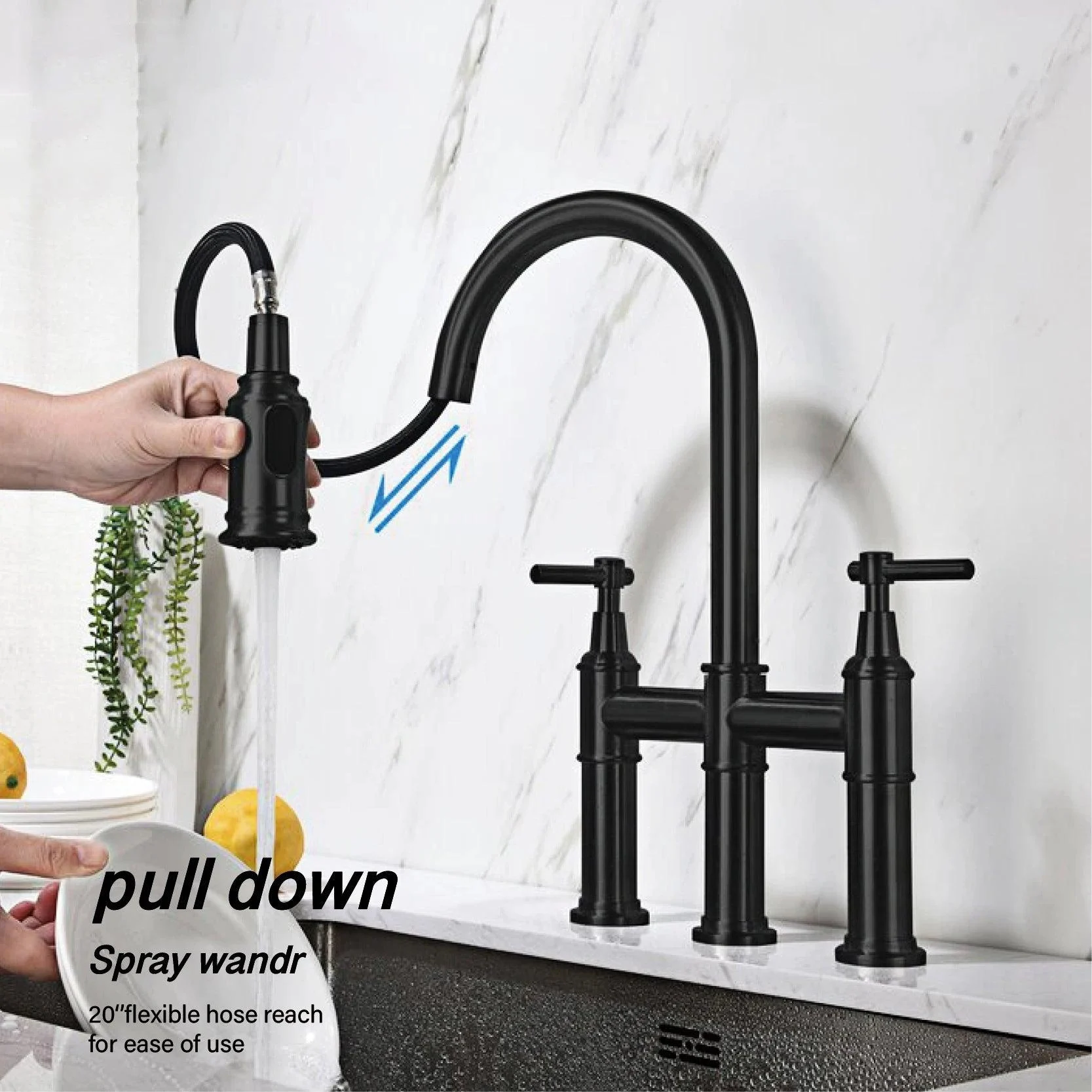 Kitchen Tap Double Handle Pull-out Design Three-function Tap -Bathlova