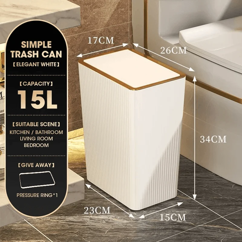 Light Luxury Gold Kitchen Garbage Can with Press Type Lid -Bathlova