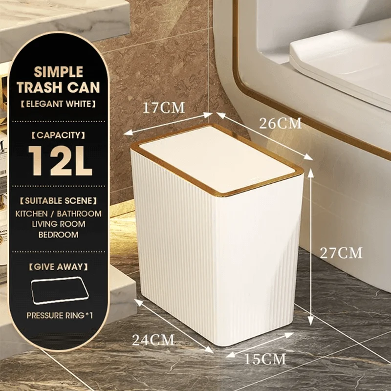 Light Luxury Gold Kitchen Garbage Can with Press Type Lid -Bathlova