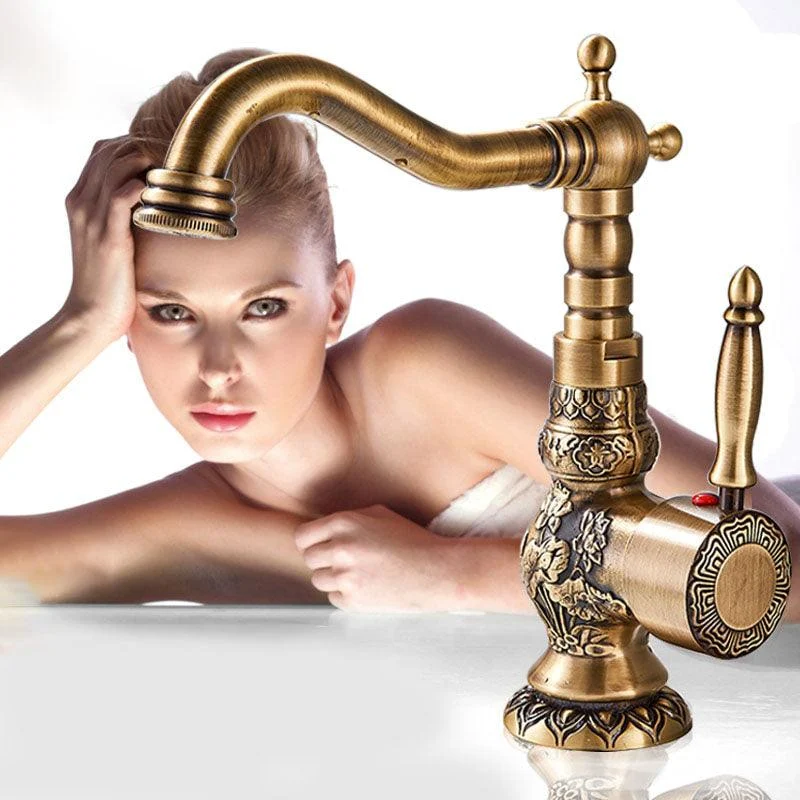 Long Nose Spout Antique Brass Elegant Bathroom Sink Tap -Bathlova