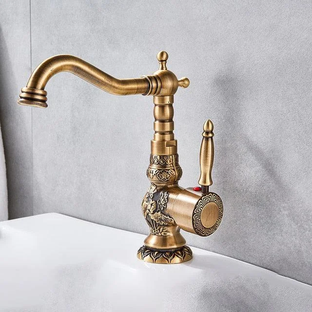 Long Nose Spout Antique Brass Elegant Bathroom Sink Tap -Bathlova