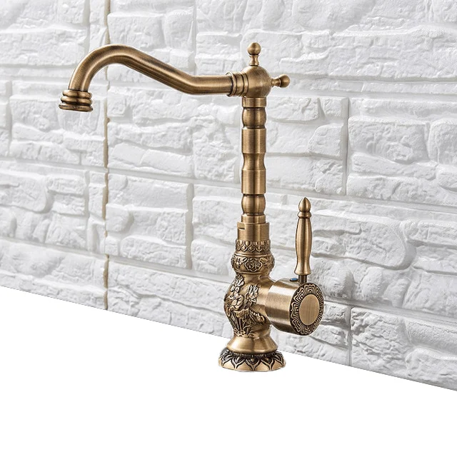 Long Nose Spout Antique Brass Elegant Bathroom Sink Tap -Bathlova