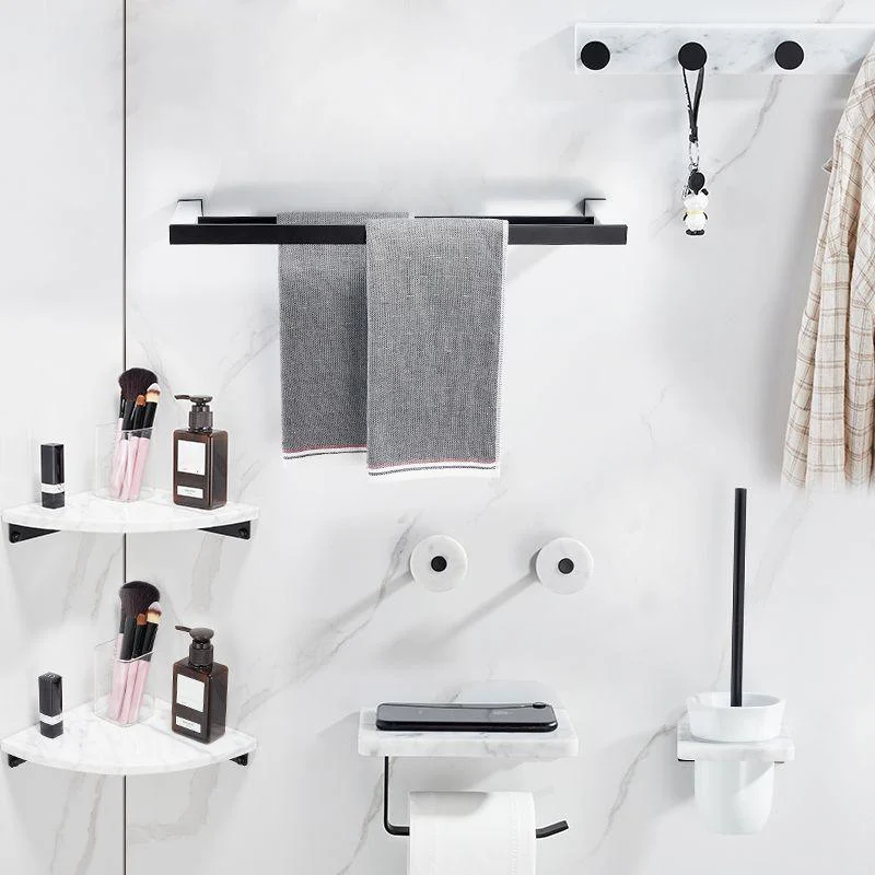 Matte Black Bathroom Accessory Set in Metal & Marble with Bath Shelf/Towel Bar -Bathlova