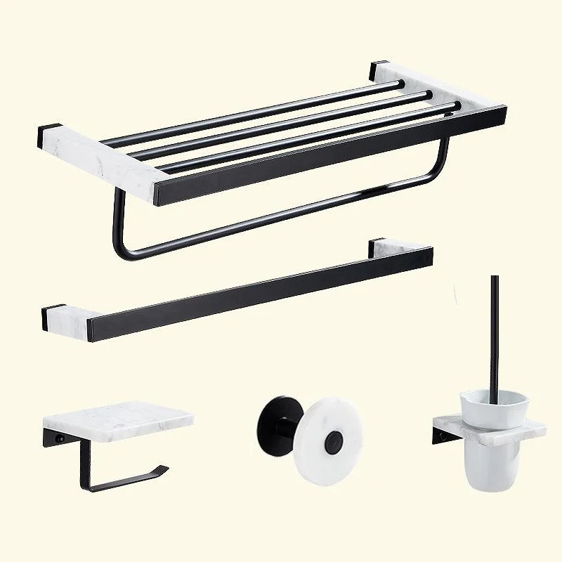 Matte Black Bathroom Accessory Set in Metal & Marble with Bath Shelf/Towel Bar -Bathlova