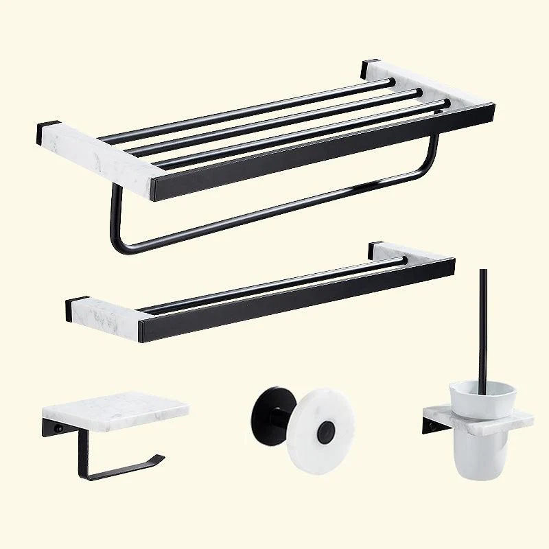 Matte Black Bathroom Accessory Set in Metal & Marble with Bath Shelf/Towel Bar -Bathlova