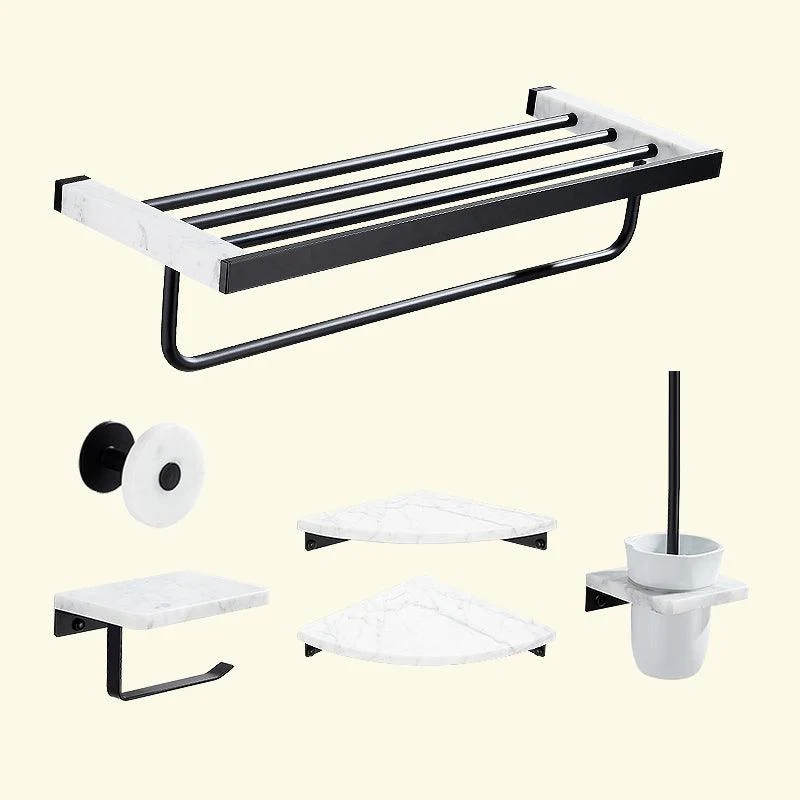 Matte Black Bathroom Accessory Set in Metal & Marble with Bath Shelf/Towel Bar -Bathlova