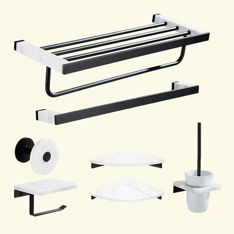 Matte Black Bathroom Accessory Set in Metal & Marble with Bath Shelf/Towel Bar -Bathlova