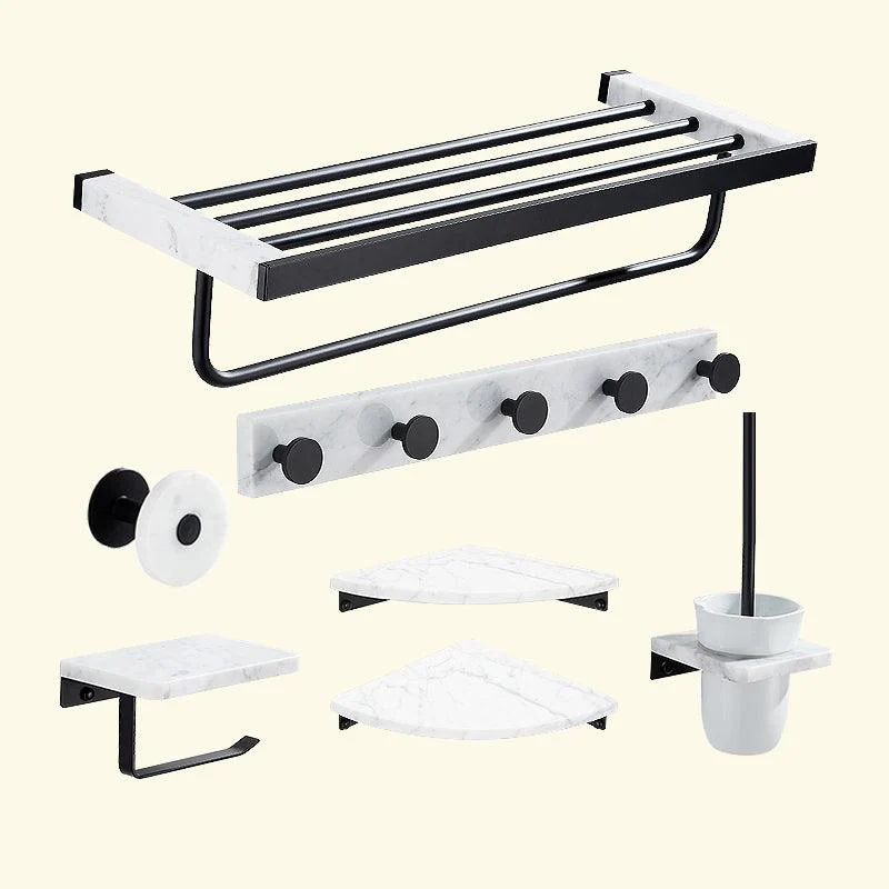 Matte Black Bathroom Accessory Set in Metal & Marble with Bath Shelf/Towel Bar -Bathlova