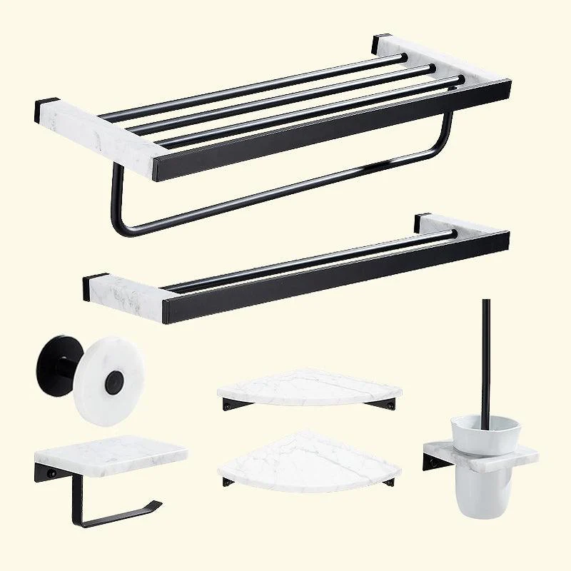 Matte Black Bathroom Accessory Set in Metal & Marble with Bath Shelf/Towel Bar -Bathlova