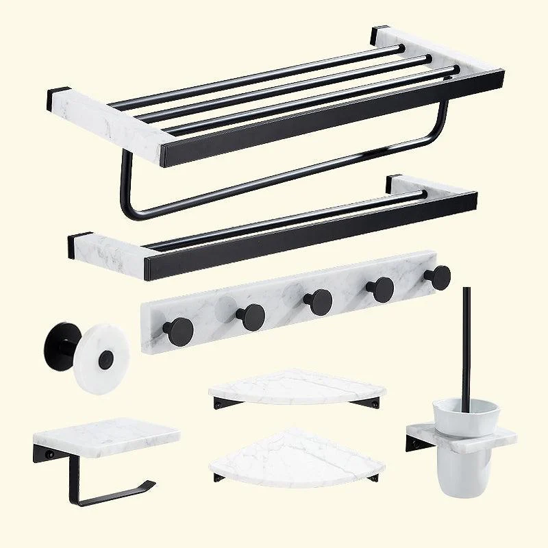 Matte Black Bathroom Accessory Set in Metal & Marble with Bath Shelf/Towel Bar -Bathlova