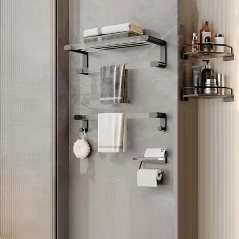 Matte Black Bathroom Hardware Set Metal & Acrylic Bath Shelf/Towel Bar/Robe Hooks -Bathlova