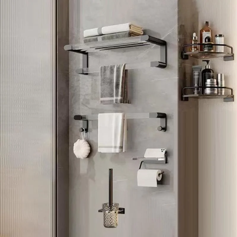 Matte Black Bathroom Hardware Set Metal & Acrylic Bath Shelf/Towel Bar/Robe Hooks -Bathlova