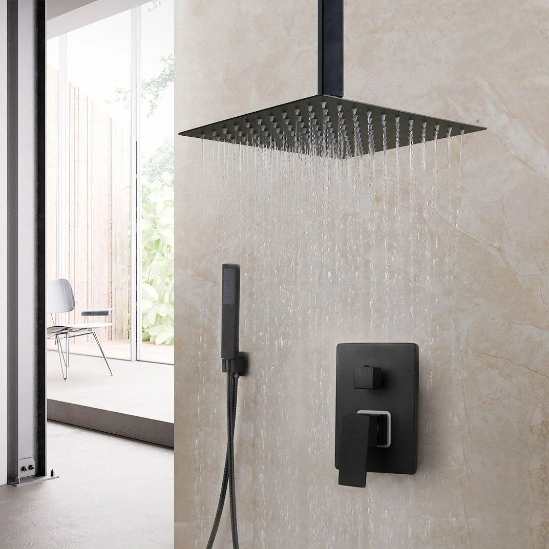 Matte Black Rainfall Tub LED Bathtub Rain Square Stainless Steel Shower Head Shower With Mixer Valve -Bathlova