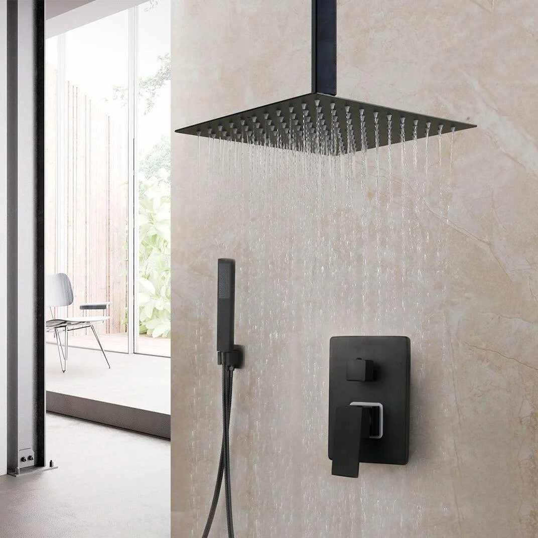 Matte Black Rainfall Tub LED Bathtub Rain Square Stainless Steel Shower Head Shower With Mixer Valve -Bathlova