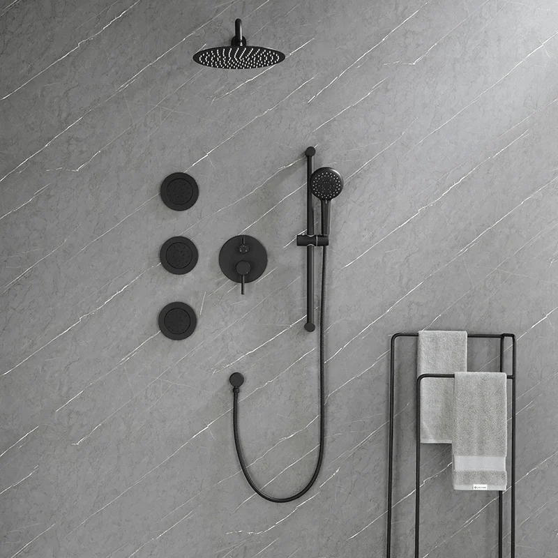 Matte Black Round 3-jet in Complete Shower System with Slide Bar Hand-Shower and Lever Handles -Bathlova