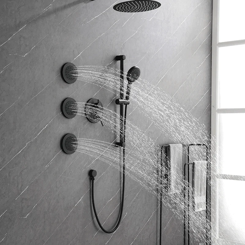 Matte Black Round 3-jet in Complete Shower System with Slide Bar Hand-Shower and Lever Handles -Bathlova