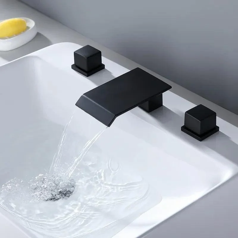 Matte Black Widespread Waterfall Bathroom Tap with Double Square Handles -Bathlova