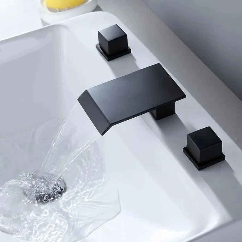 Matte Black Widespread Waterfall Bathroom Tap with Double Square Handles -Bathlova