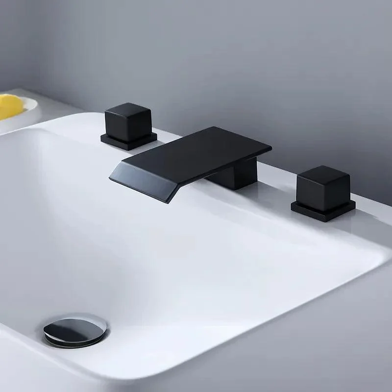 Matte Black Widespread Waterfall Bathroom Tap with Double Square Handles -Bathlova