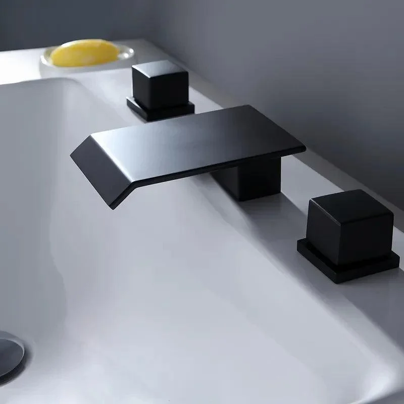 Matte Black Widespread Waterfall Bathroom Tap with Double Square Handles -Bathlova