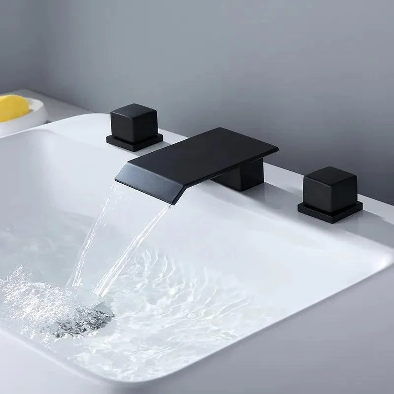 Matte Black Widespread Waterfall Bathroom Tap with Double Square Handles -Bathlova