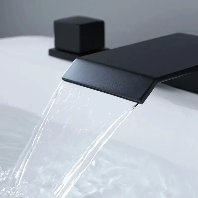 Matte Black Widespread Waterfall Bathroom Tap with Double Square Handles -Bathlova