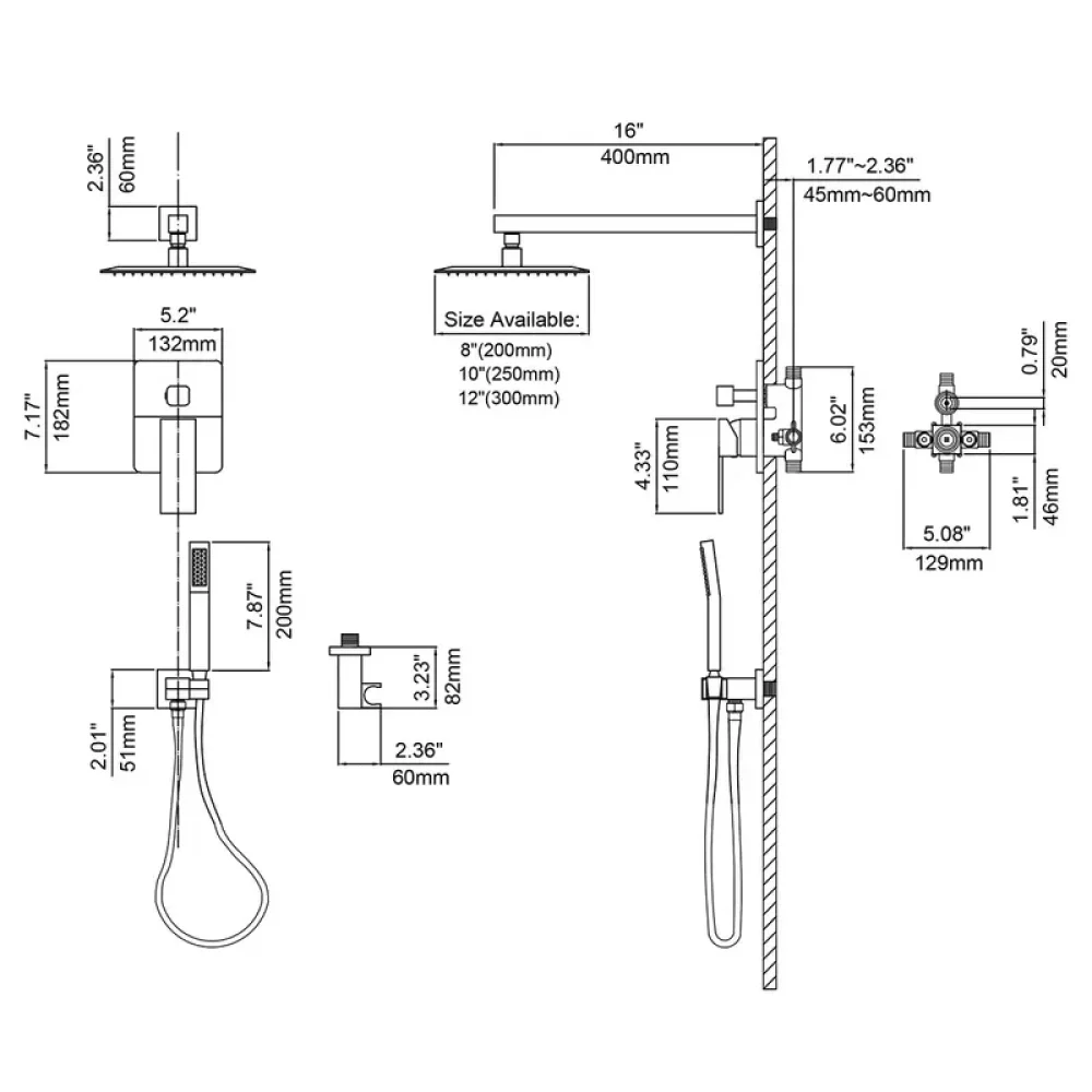 Modern 12" Wall Mounted Shower System with Handheld Shower Pressure Balance Valve -Bathlova