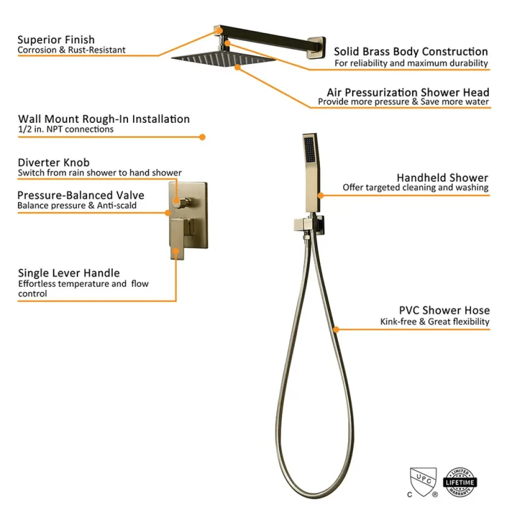 Modern 12" Wall Mounted Shower System with Handheld Shower Pressure Balance Valve -Bathlova