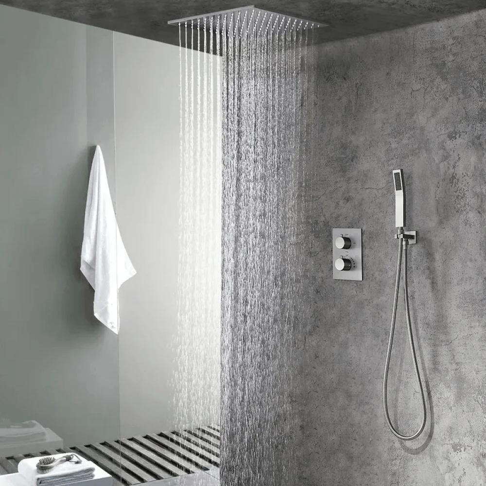 Modern 16" Rain Thermostatic Shower Tap in Brushed Nickel Shower System with Hand Shower -Bathlova