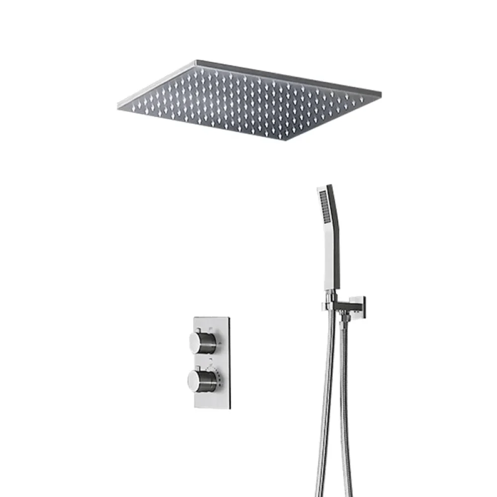 Modern 16" Rain Thermostatic Shower Tap in Brushed Nickel Shower System with Hand Shower -Bathlova