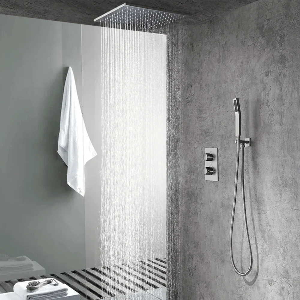 Modern 16" Rain Thermostatic Shower Tap in Brushed Nickel Shower System with Hand Shower -Bathlova