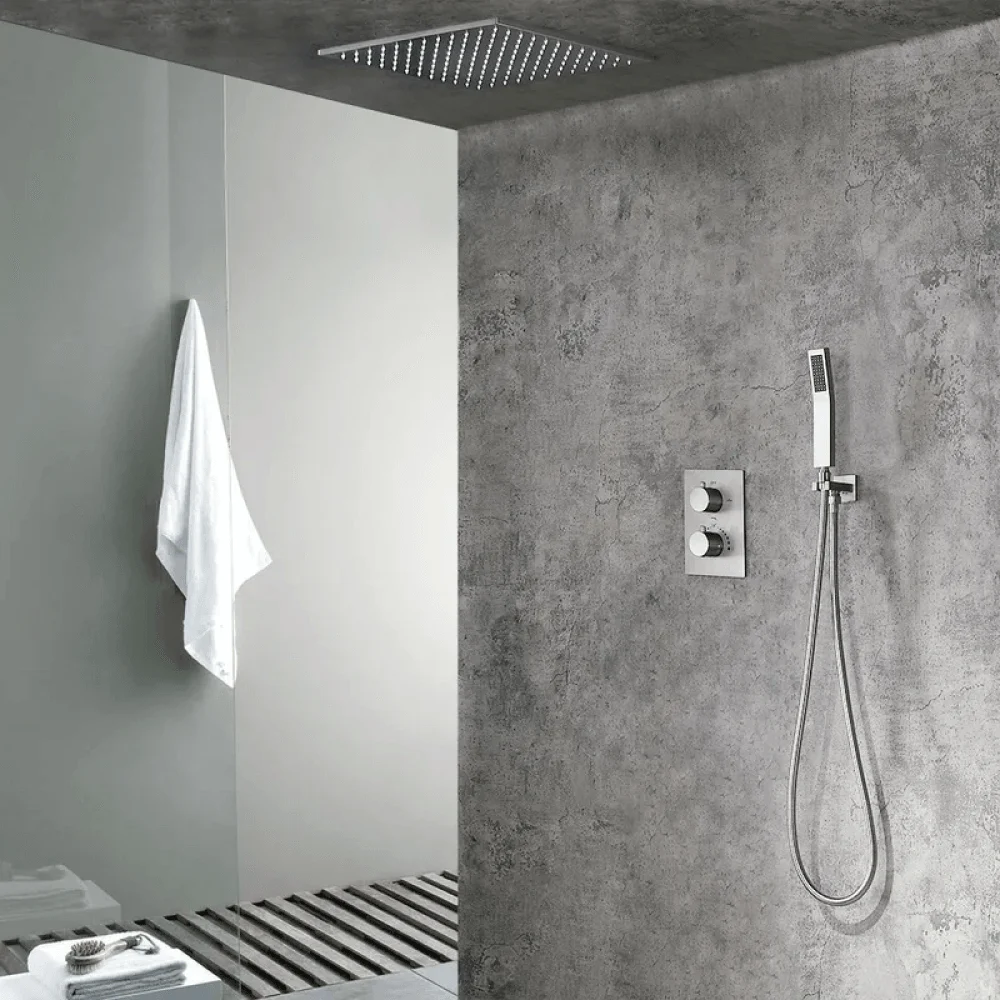 Modern 16" Rain Thermostatic Shower Tap in Brushed Nickel Shower System with Hand Shower -Bathlova