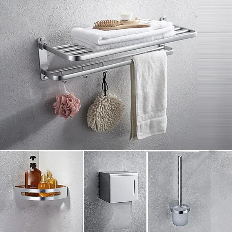 Modern Bathroom Accessory Set with Bathe Shelf/Robe Hooks/Towel Bar in Aluminum -Bathlova