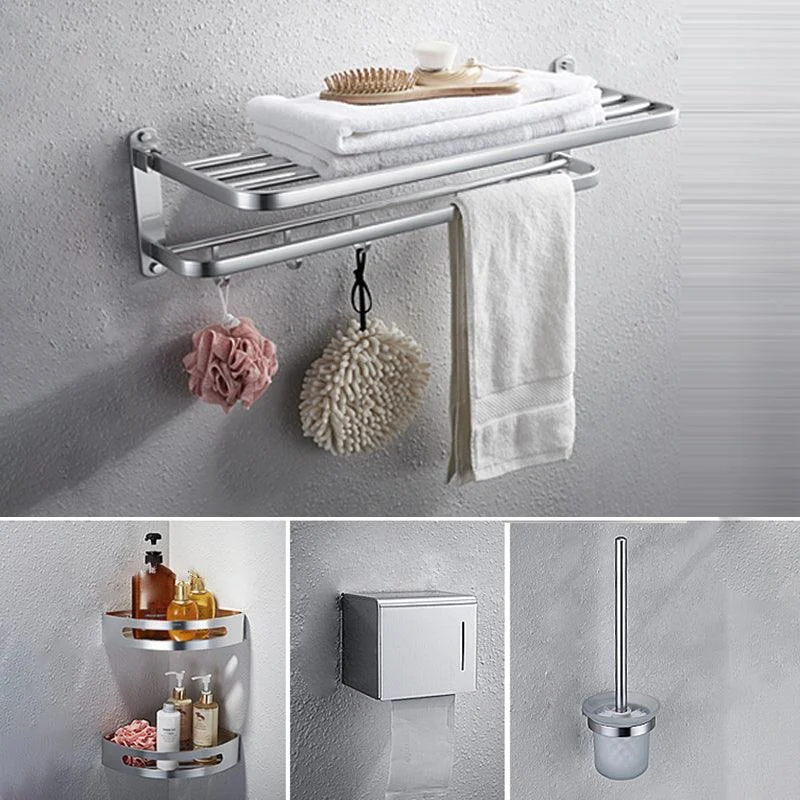 Modern Bathroom Accessory Set with Bathe Shelf/Robe Hooks/Towel Bar in Aluminum -Bathlova