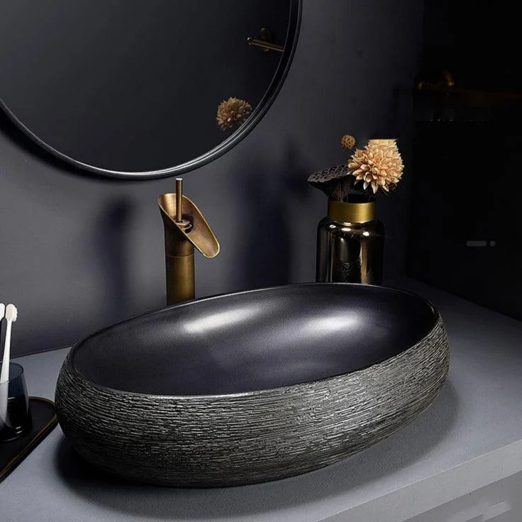 Modern Bathroom Sink Black Oval Ceramic Bathroom Sink with Tap -Bathlova